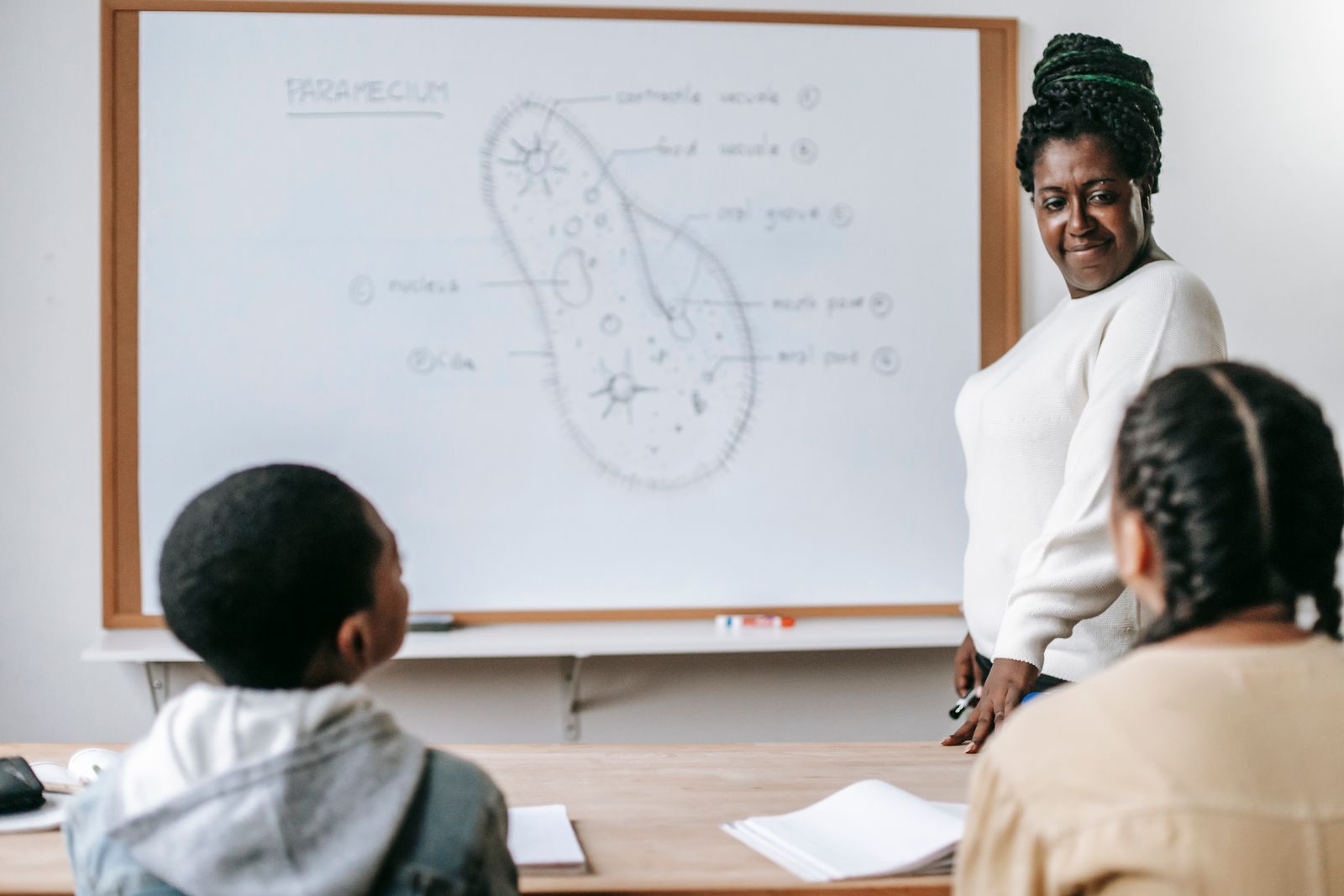 A teacher at a whiteboard turning to answer a student.